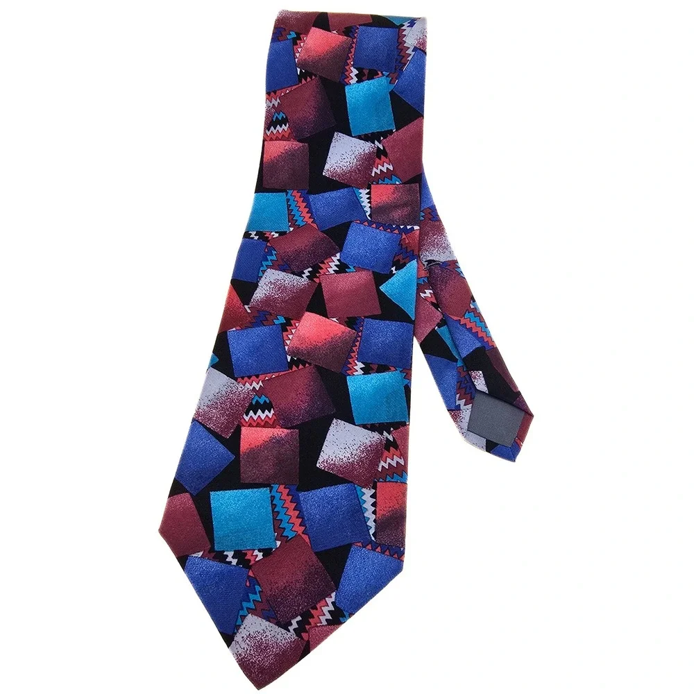 Barbara Blank‎ New York Silk Tie Geometric Abstract Squares Blue Red Handmade
